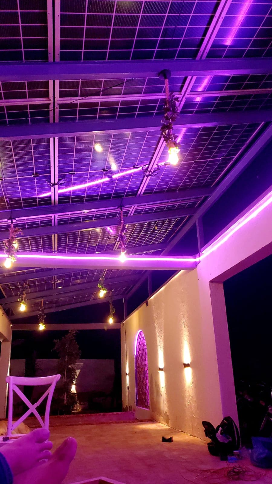 Roof canopy structure with solar power panel ceiling & ambient light fixtures